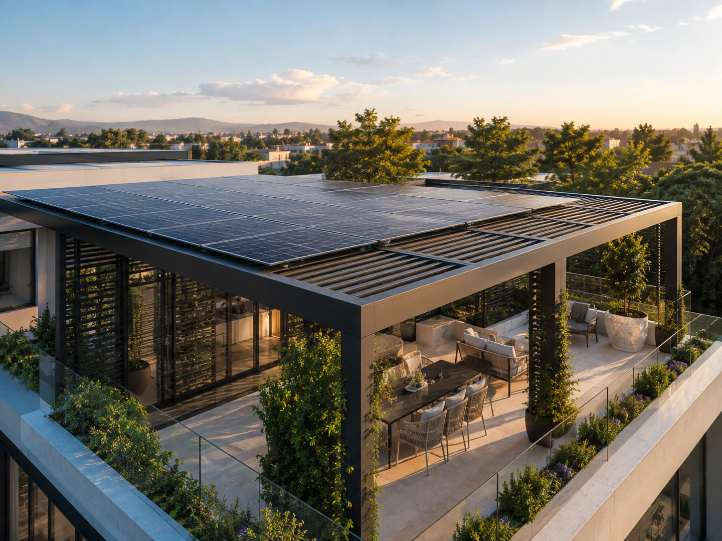 Copertura residenziale con fotovoltaico integrato su pergola contemporanea