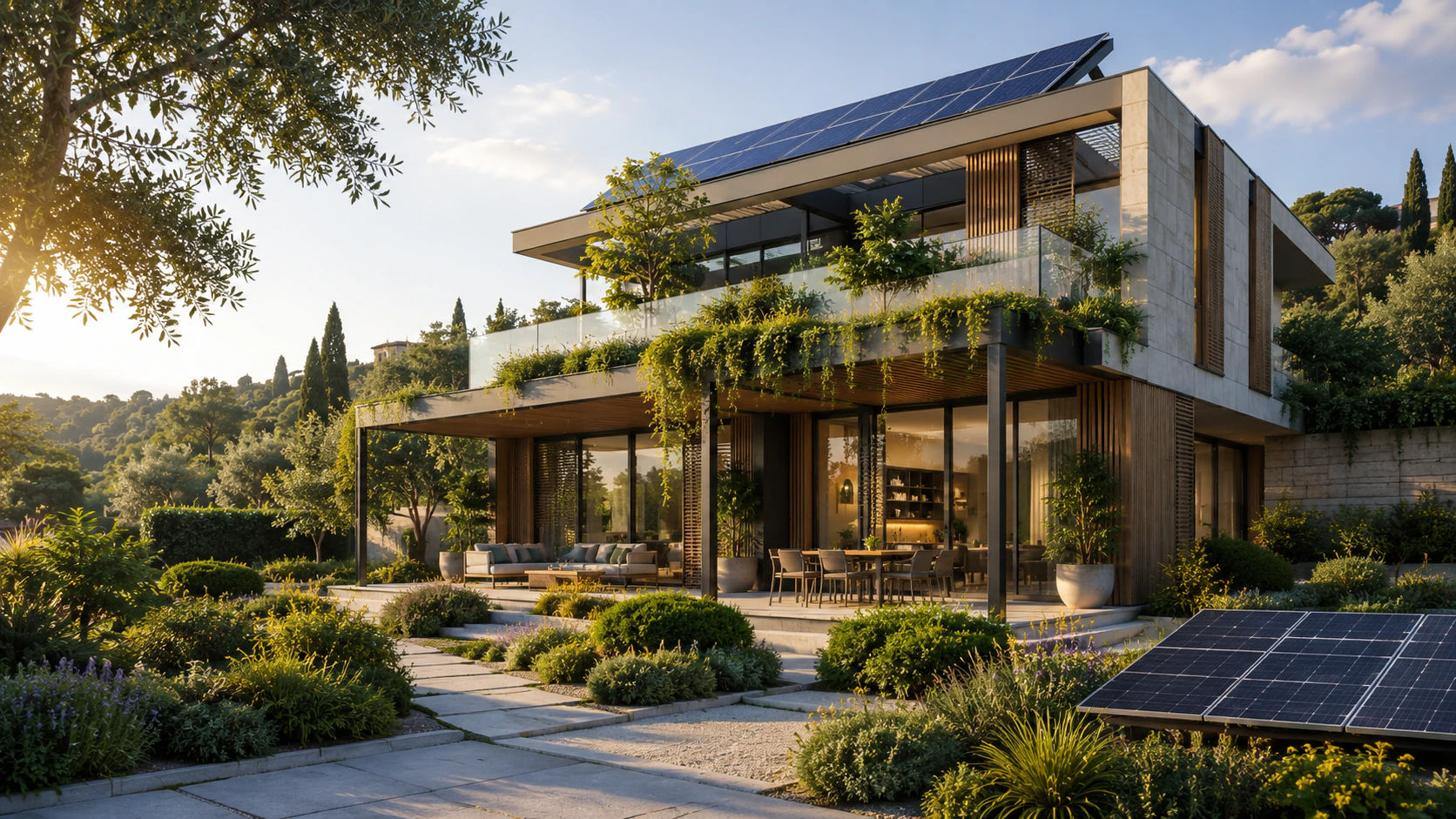 Abitazione contemporanea sostenibile con fotovoltaico, verde integrato e alte prestazioni energetiche