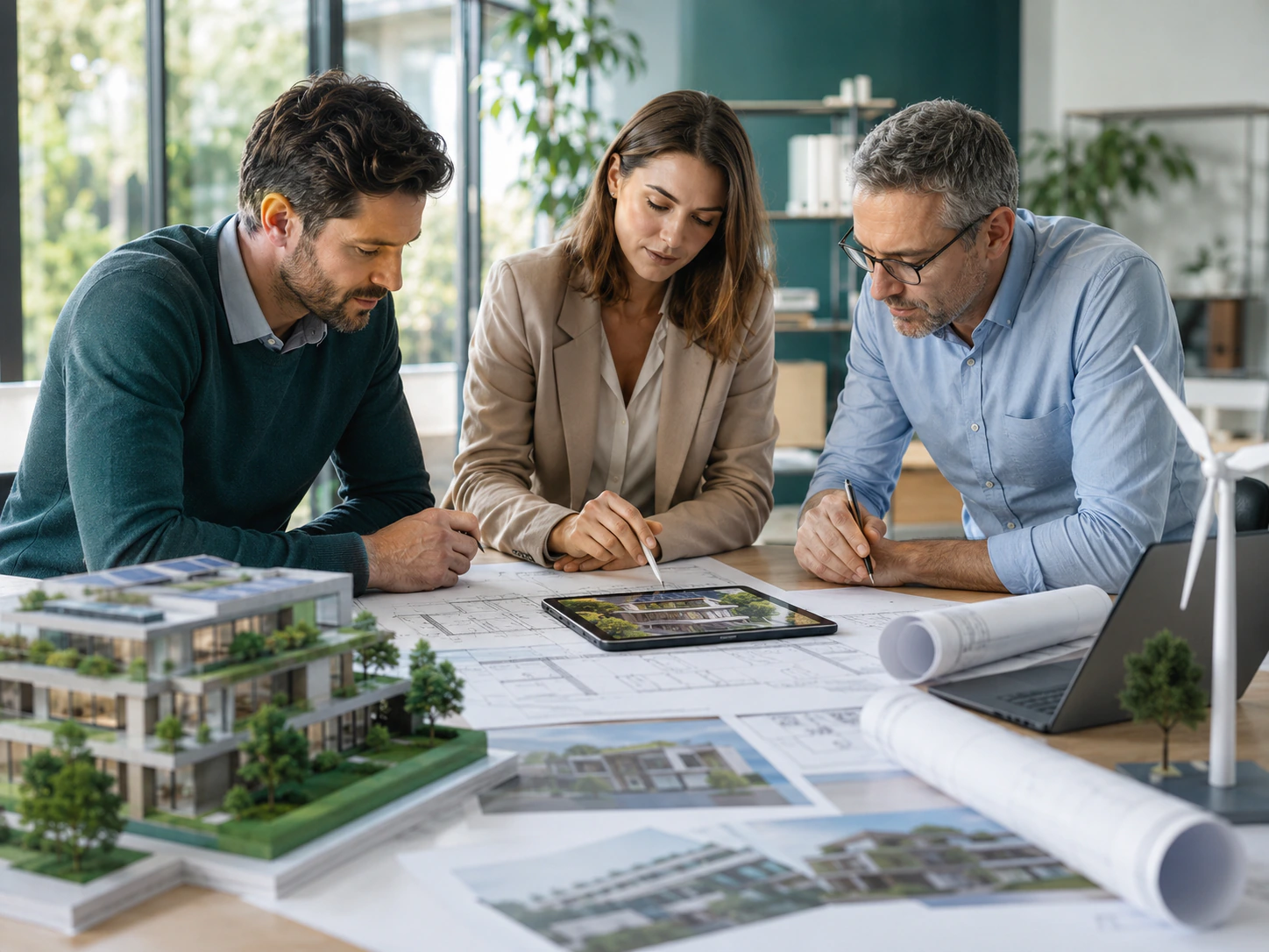 Professionisti dello studio durante una riunione di progettazione sostenibile